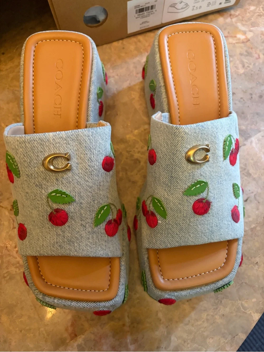 Coach Light Blue Cherry Embroidered Slip-On Mules new with tags - Picture 1 of 10